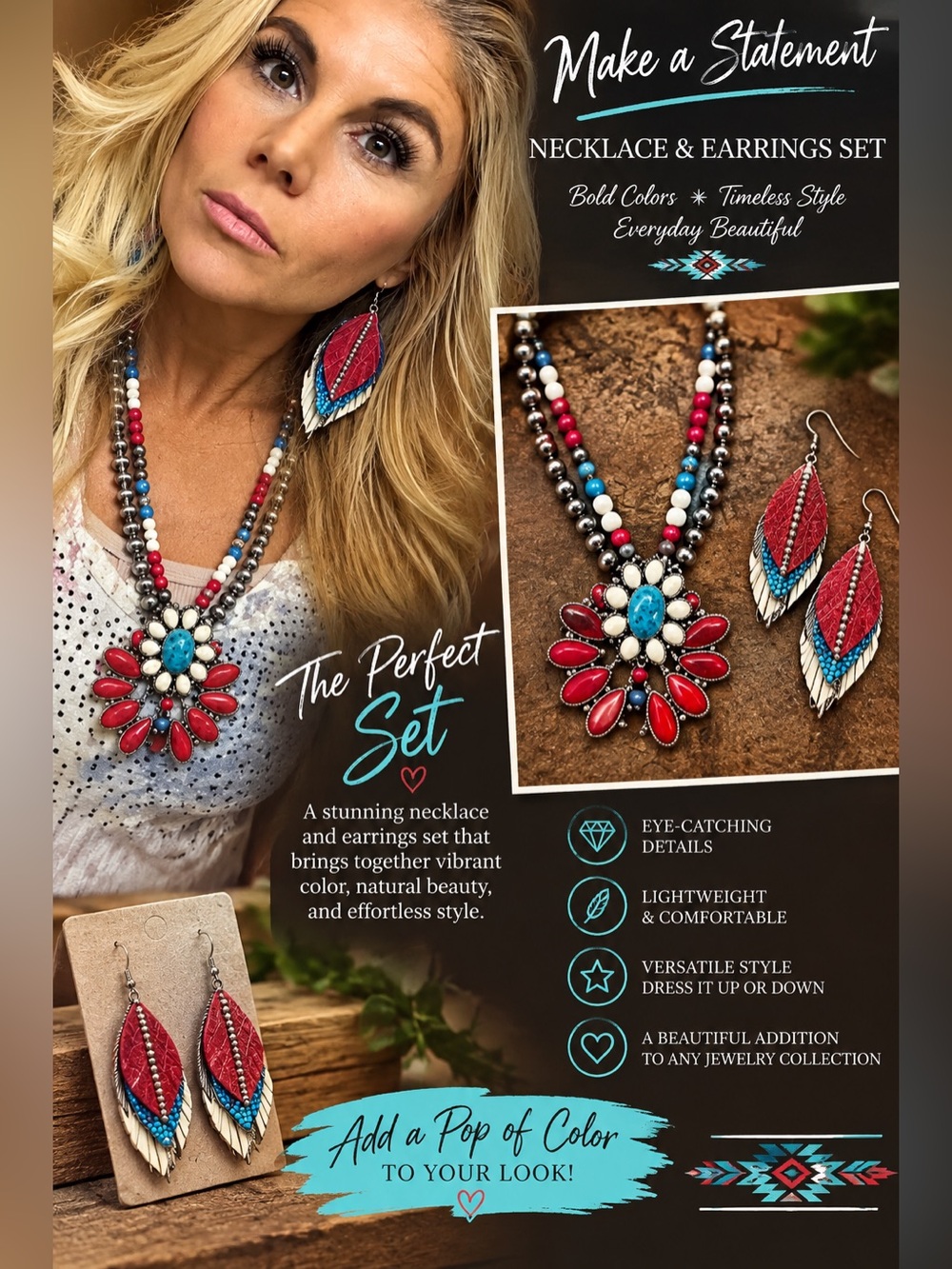 Patriotic squash blossom one of a kind Pendant Necklace and Earrings Set